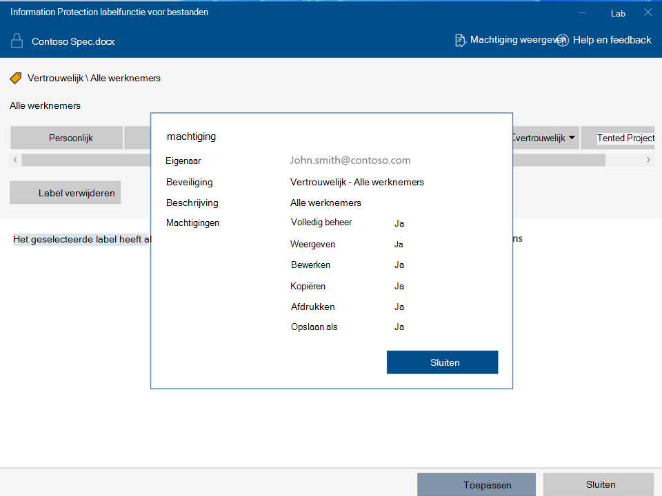 Machtigingen weergeven met Microsoft Purview Informatiebeveiliging bestandslabel