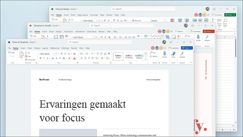 Weergave van Word, Excel en PowerPoint met visuele updates op het lint en afgeronde hoeken die overeenkomen met de Windows 11-gebruikersinterface.
