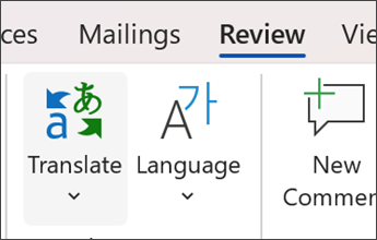schermafbeelding in Microsoft Word van het selecteren van revisie en vervolgens vertalen