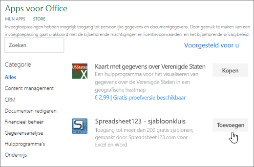 Schermafbeelding van Office pagina Met invoegingen kunt u een invoegvoegfunctie selecteren of zoeken voor Excel.