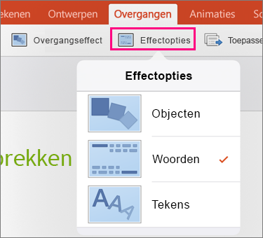 Toont effectopties voor de Morphing-overgang in PowerPoint 2016 voor iPad