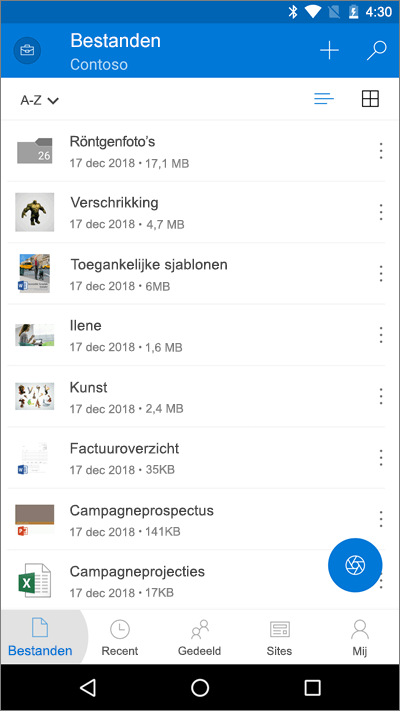Schermafbeelding van mobiele OneDrive-app met de knop Bestanden gemarkeerd