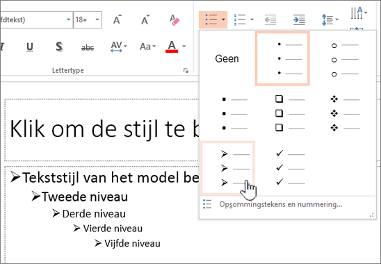 Het standaard opsommingsteken instellen voor alle niveaus