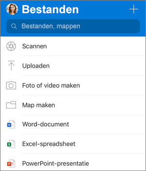 Schermafbeelding van het menu Toevoegen in OneDrive-app voor iOS