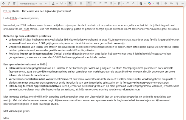 Schermopname van een langere tekst die wordt voorgesteld door Copilot in de editor voor tekst met opmaak in SharePoint