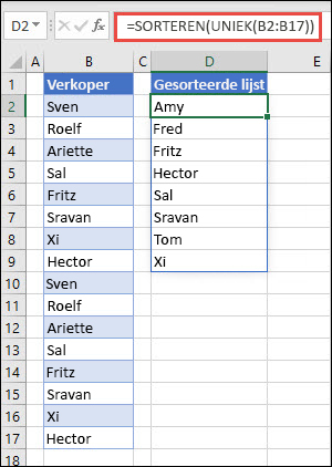 UNIEK met SORTEREN gebruiken om een lijst met namen in oplopende volgorde te retourneren