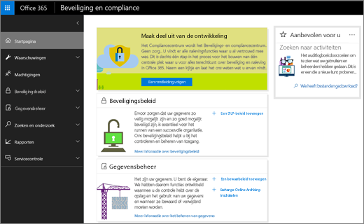 Schermafbeelding van de startpagina van het Office 365-beveiligings- en compliancecentrum.