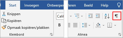 Het pictogram Weergeven/Verbergen is gemarkeerd op het tabblad Start.