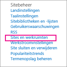 Het gedeelte Sites en werkruimten van de pagina Site-instellingen