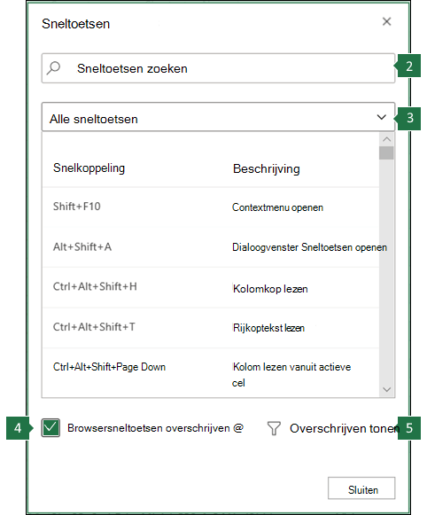 Browsersnelkoppelingen overschrijven in het dialoogvenster voor de webversie van Excel.