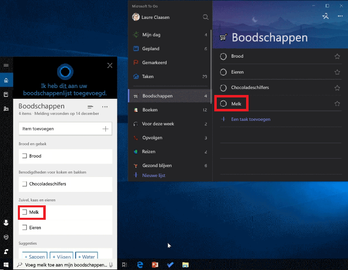 Schermafbeelding van de weergave van Cortana en Microsoft to-do geopend op Windows 10. Zuivel is toegevoegd aan de boodschappenlijst via Cortana en is ook beschikbaar in de boodschappenlijst in Microsoft to-do