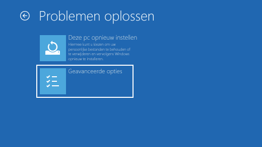 Scherm Problemen oplossen in de Windows Herstelomgeving.