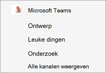 Een team met de naam Microsoft Teams heeft kanalen voor ontwerp, leuke dingen en onderzoek. Nog meer kanalen zijn verborgen.