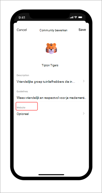 Schermopname van de pagina Community bewerken en de knop om een communitywebsite toe te voegen in Microsoft Teams (gratis) op een mobiel apparaat.
