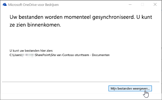 Dialoogvenster voor synchroniseren in OneDrive voor Bedrijven waarin de knop Mijn bestanden weergeven is gemarkeerd.