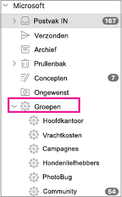 Groepen in het mappenvenster van Outlook 2016 voor Mac