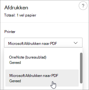 Schermopname van Microsoft Print to PDF-selectie