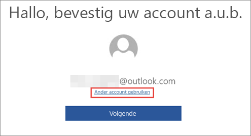 Toont de koppeling 'Ander account gebruiken' op de pagina 'Uw account bevestigen'.