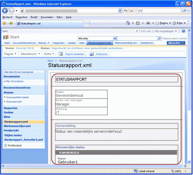 Voorbeeld van een statusrapportformulier dat is geconverteerd naar een webpagina in Office SharePoint Server 2007