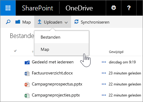 Schermafbeelding van het uploaden van een map in OneDrive voor Bedrijven in SharePoint Server 2016 met Feature Pack 1