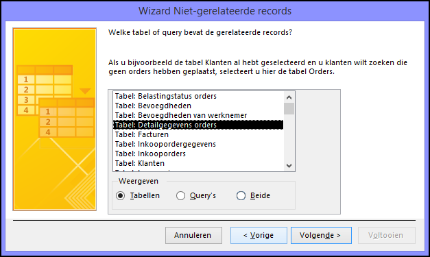 Selecteer een tabel of query met de gerelateerde records in het dialoogvenster van de wizard Niet-gerelateerde records