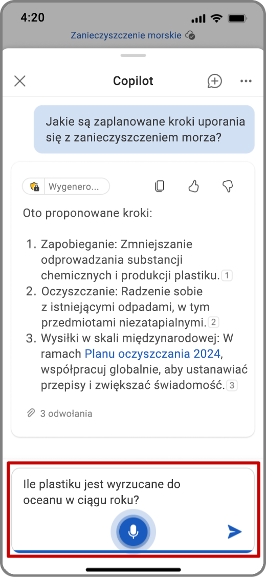 Zrzut ekranu funkcji Copilot w programie Word na urządzeniu z systemem iOS używającym głosowych danych wejściowych