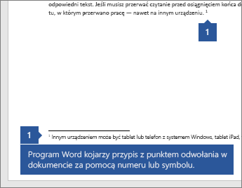 Program Word używa liczby lub symbole do powiązania notatki z punktem odwołania w dokumencie.