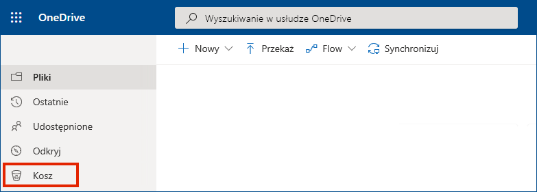 Usługa OneDrive dla Firm online z pokazanym koszem w menu po lewej stronie