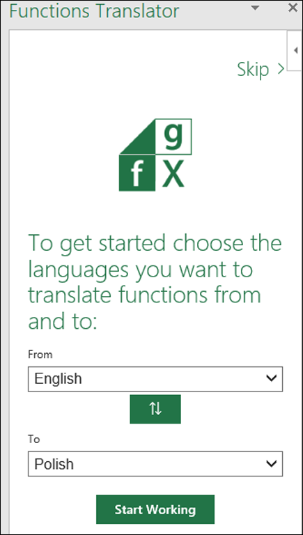 Okienko ustawień językowych dodatku Functions Translator
