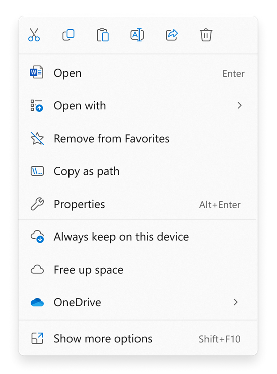 Wybierz polecenia dotyczące plików lub folderów w Eksplorator plików menu kontekstowym otwieranym prawym przyciskiem myszy.