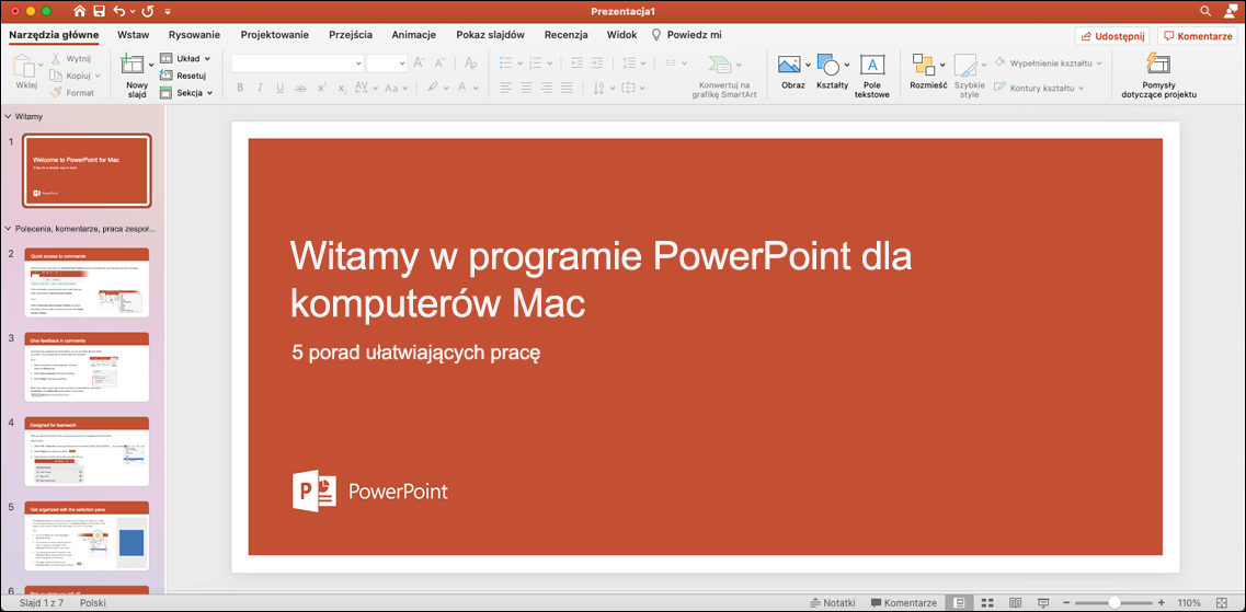 Okno programu PowerPoint 2021 dla komputerów Mac z otwartym szablonem Skorzystaj z przewodnika