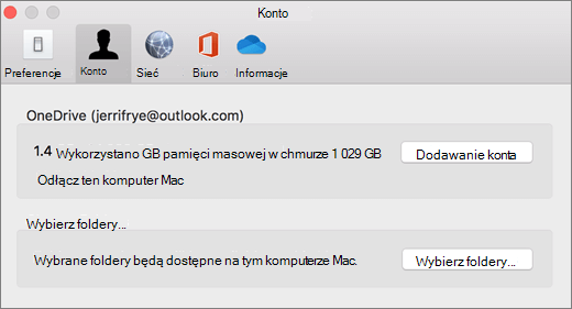 Zrzut ekranu przedstawiający dodawanie konta w preferencjach OneDrive na komputerze Mac