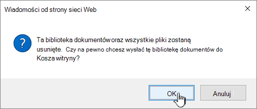 Okno dialogowe potwierdzenia podczas usuwania biblioteki