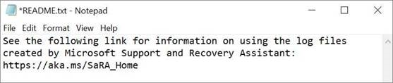 Obraz przedstawiający plik „Read me” Asystenta odzyskiwania i pomocy technicznej firmy Microsoft otwarty w Notatniku.