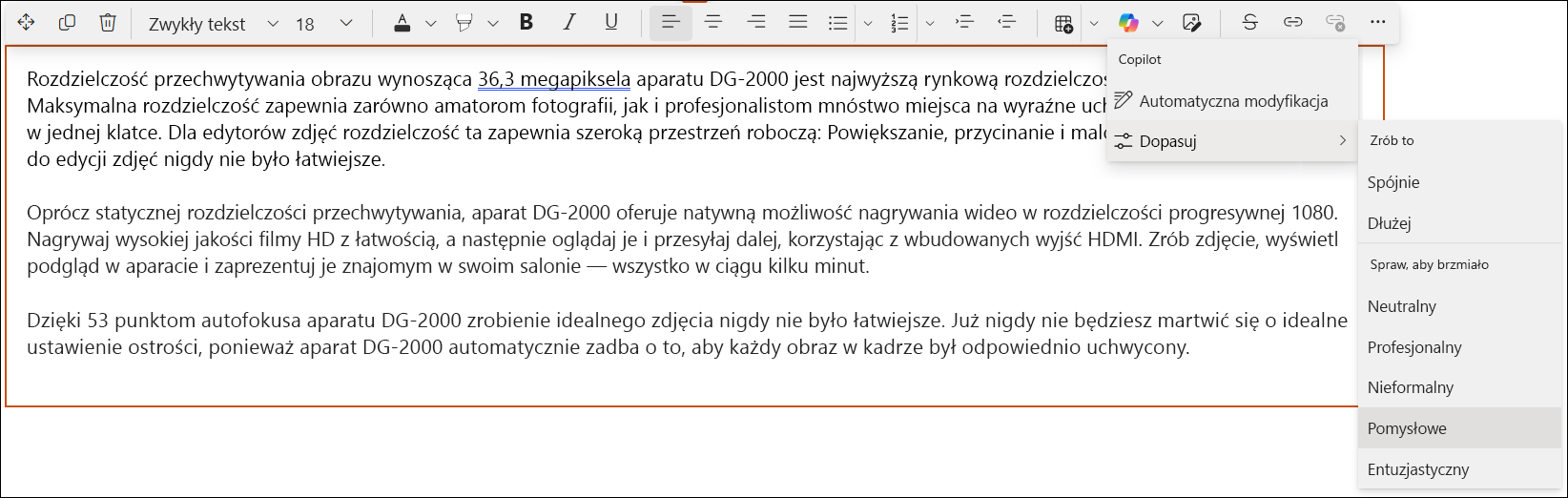 Zrzut ekranu przedstawiający szybki widok funkcji Copilot w edytorze programu SharePoint