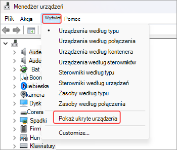 Zrzut ekranu przedstawiający okno Menedżer urządzeń z wybraną opcją Widok na wstążce menu i wyróżnioną czerwoną opcją Pokaż ukryte urządzenia.