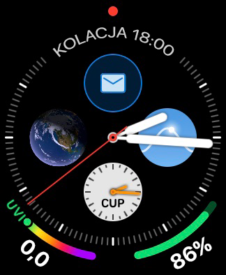 Tarcza zegarka Apple Watch wyświetlająca informacje aplikacji Outlook