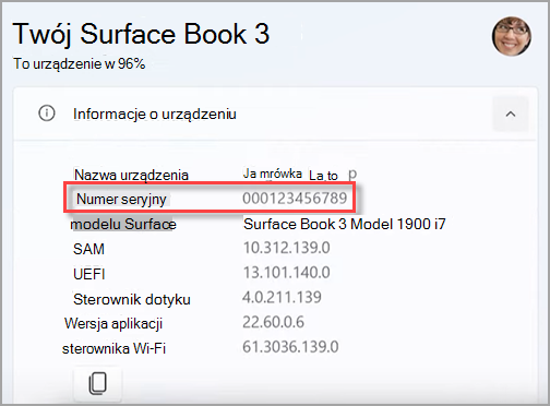 Znajdowanie numeru seryjnego urządzenia Surface w aplikacji Surface.