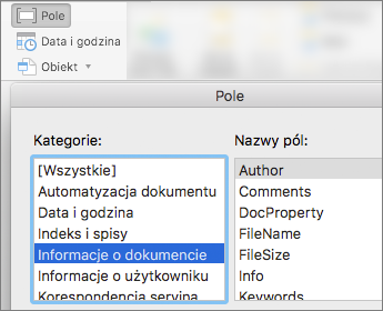 Zrzut ekranu: kody pól filtrowane według kategorii Informacje o dokumencie