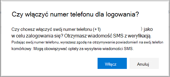 Okno dialogowe potwierdzenia włączenia logowania SMS dla numeru telefonu