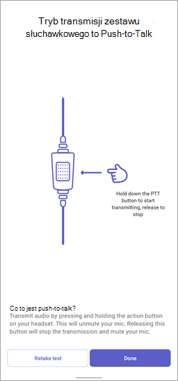 Zrzut ekranu przedstawiający tryb transmisji zestawu słuchawkowego ustawiony jako Push To Talk w Walkie Talkie.