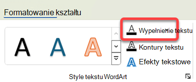 Aby zmienić kolor obiektu WordArt, zaznacz go, a następnie na karcie Formatowanie kształtu wybierz pozycję Wypełnienie tekstu.