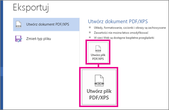 Przycisk Utwórz plik PDF/XPS na karcie Eksportuj w programie Word 2016.