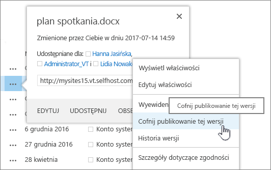 Kliknij pozycję cofń publikację tej wersji