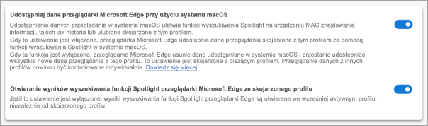 Ustawienia wyszukiwania w centrum uwagi w przeglądarce Microsoft Edge.