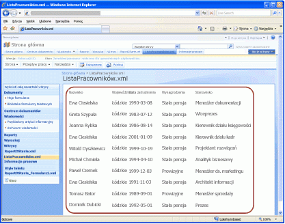 Przykładowa lista pracowników w formacie XML przekonwertowana na stronę sieci Web w programie Office SharePoint Server 2007
