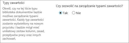 Przycisk Zezwalaj na zarządzanie typami zawartości w obszarze Ustawienia zaawansowane