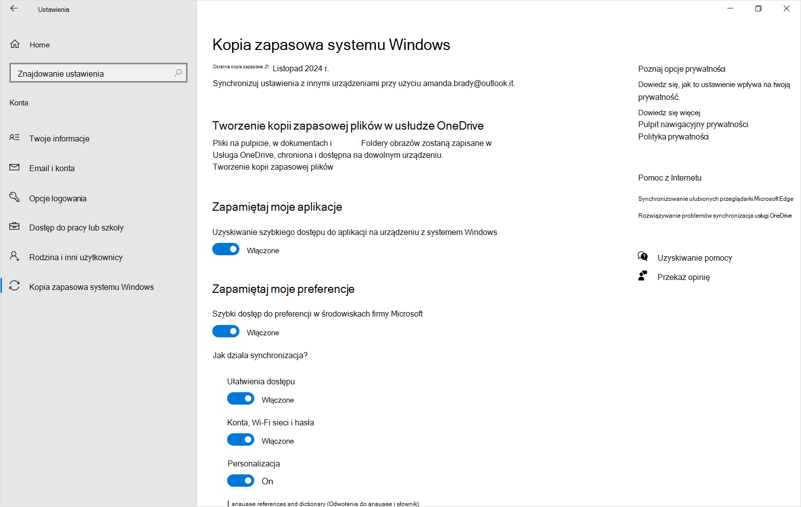 Zrzut ekranu przedstawiający kopię zapasową ustawień systemu Windows w Windows 10.