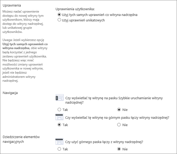 Dolna połowa okna dialogowego Tworzenie witryny