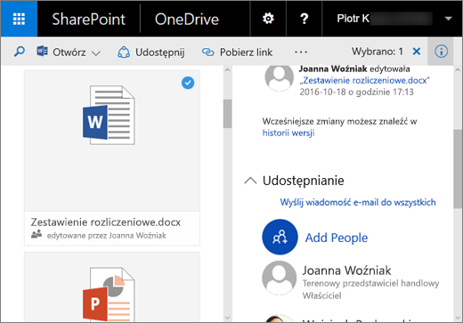 Zrzut ekranu przedstawiający okienko Szczegóły w usłudze OneDrive dla Firm w programie SharePoint Server 2016 z dodatkiem Feature Pack 1